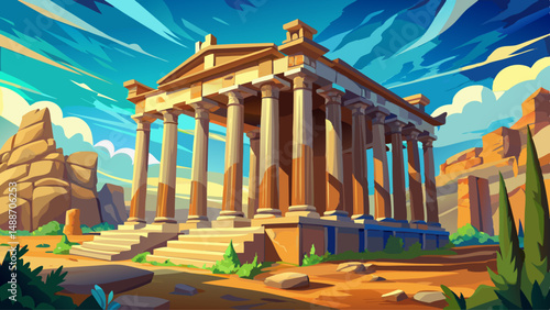 Low angle view of ancient Roman temple ruins against a bright sky