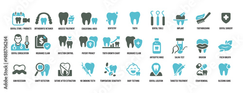 Dental Icons Set – Tooth, Dentist, Toothbrush, Implant and Oral Care Symbols – Solid Vector Collection