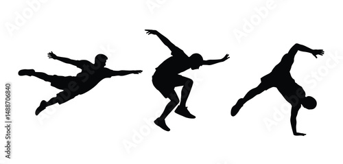 Silhouettes of Three Men Performing Parkour Moves
