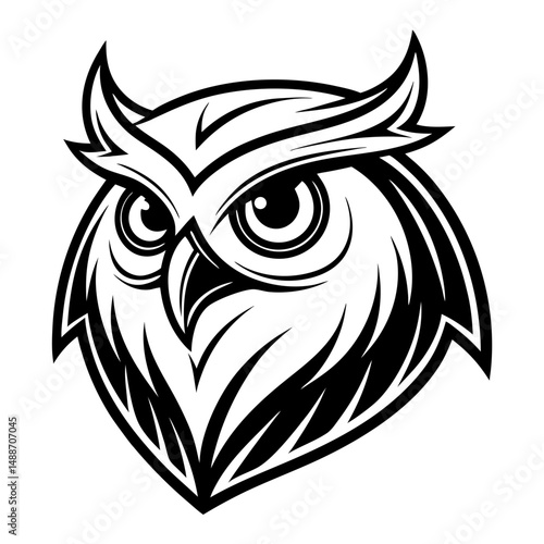 A striking, highly detailed, monochrome illustration of an owl's head, capturing its intense gaze and majestic presence, perfect for designs seeking a bold and symbolic look.