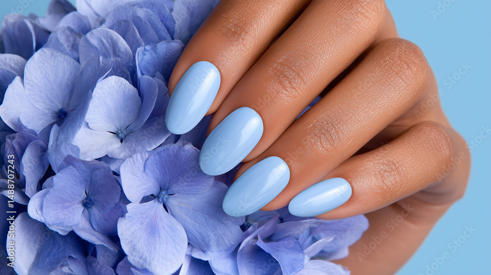 Blue manicure with hydrangea flowers