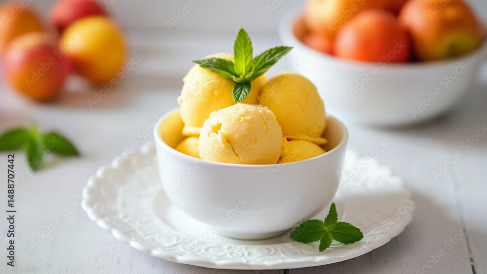 Simple apricot ice cream in white bowl. Image suitable for food blog, recipe website, or dessert menu context. Simple apricot ice cream in white bowl. Image suitable for food blog, recipe website, or dessert menu context.