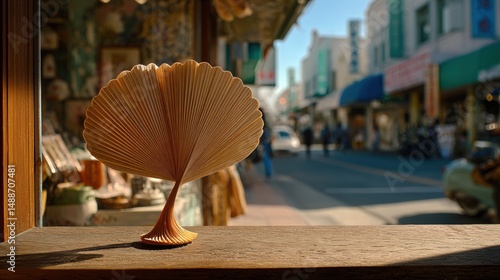 Fototapeta Naklejka Na Ścianę i Meble -  A delicate fan-shaped plant, displayed in a shop window, against an urban street scene.