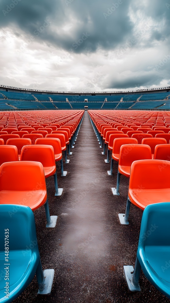 Obraz premium Empty stadium seating rows orange and blue under cloudy sky for sports event photography background