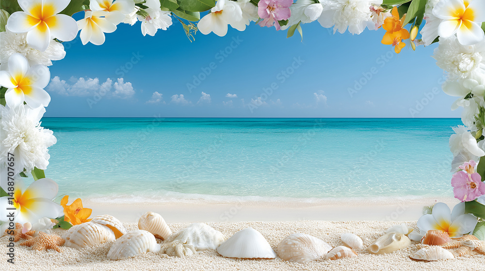 Tropical beach frame with flowers and seashells
