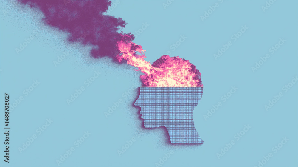 Abstract representation of mental burnout with fire and smoke