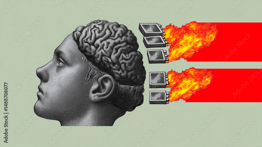Surreal depiction of a brain with burning computers