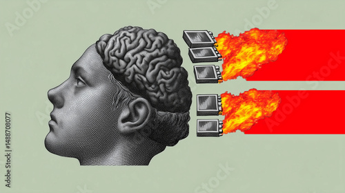 Obraz na płótnie Surreal depiction of a brain with burning computers w salonie