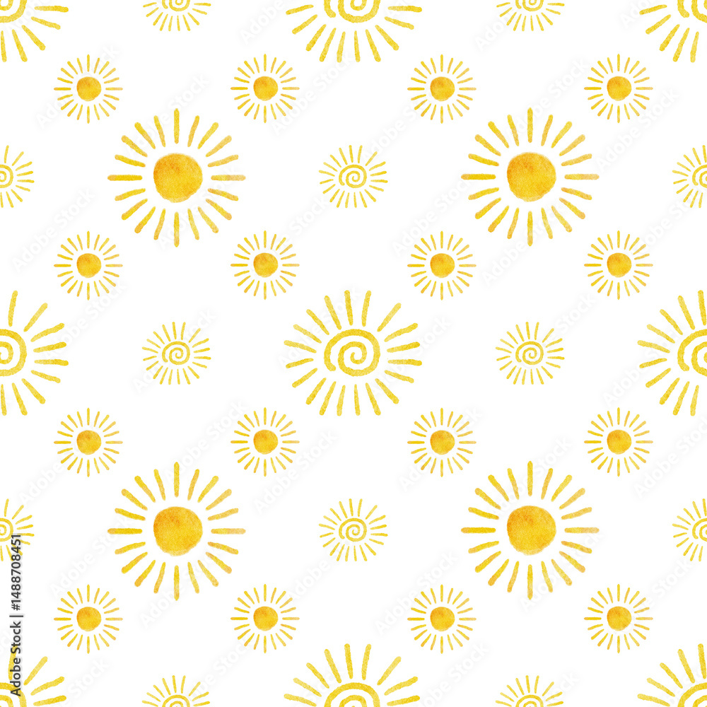 Seamless watercolor pattern with hand drawn yellow suns on a clear background. Perfect for textile, clothes, wallpaper, wrapping, fabric, home decoration, backdrop, scrapbooking, summer themed project Seamless watercolor pattern with hand drawn yellow suns on a clear background. Perfect for textile, clothes, wallpaper, wrapping, fabric, home decoration, backdrop, scrapbooking, summer themed project