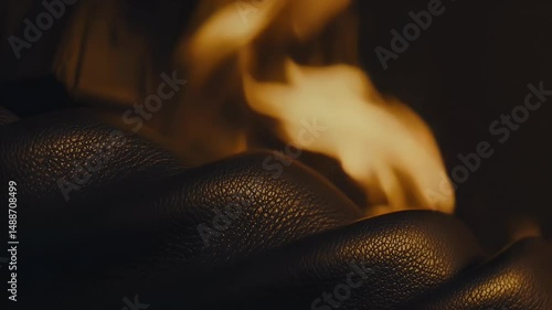 Flickering Fire Reflecting on Dark Leather – Slow and Dramatic Movement, Deep Shadows and Warm Highlights