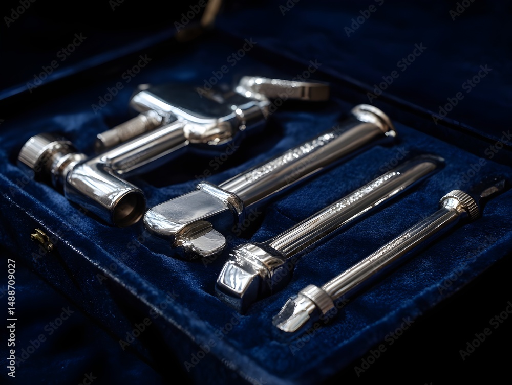 Naklejka premium Tackle Any Repair Job With Polished Silver Plumbing Tool Set On Deep Sap Green Background