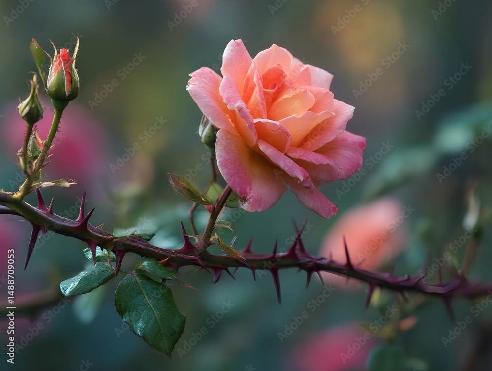 Fototapeta premium Admire Delicate Beauty Of A Blooming Rose Resting On Thorny Stem Against Soft Neutral Background