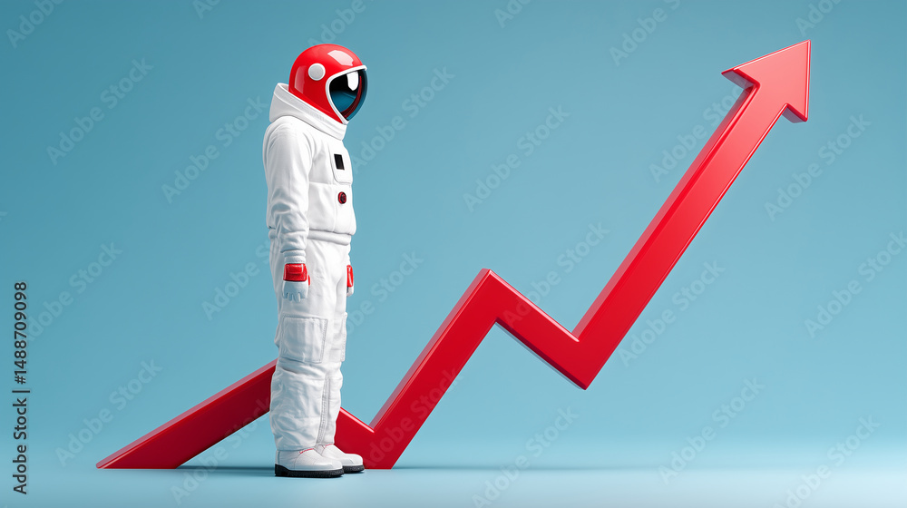 Astronaut standing beside upward growth arrow on blue background