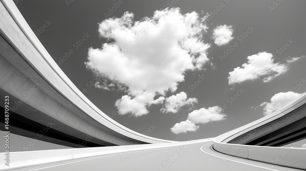 Black and white perspective of curved highway overpasses against cloudy sky