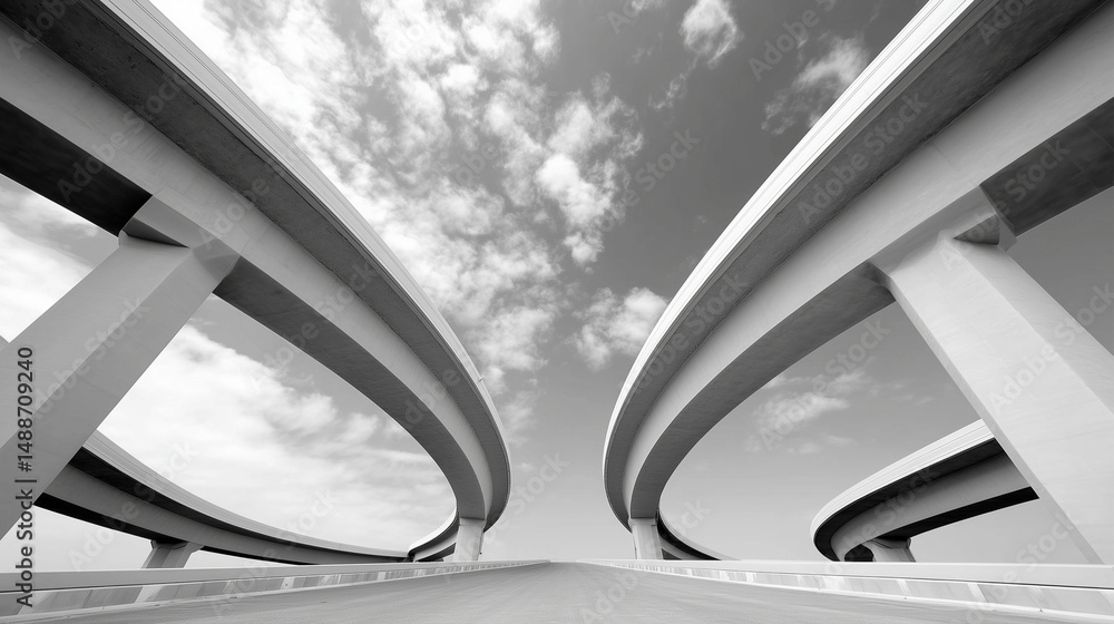 Black and white view of modern highway overpasses with dramatic perspective