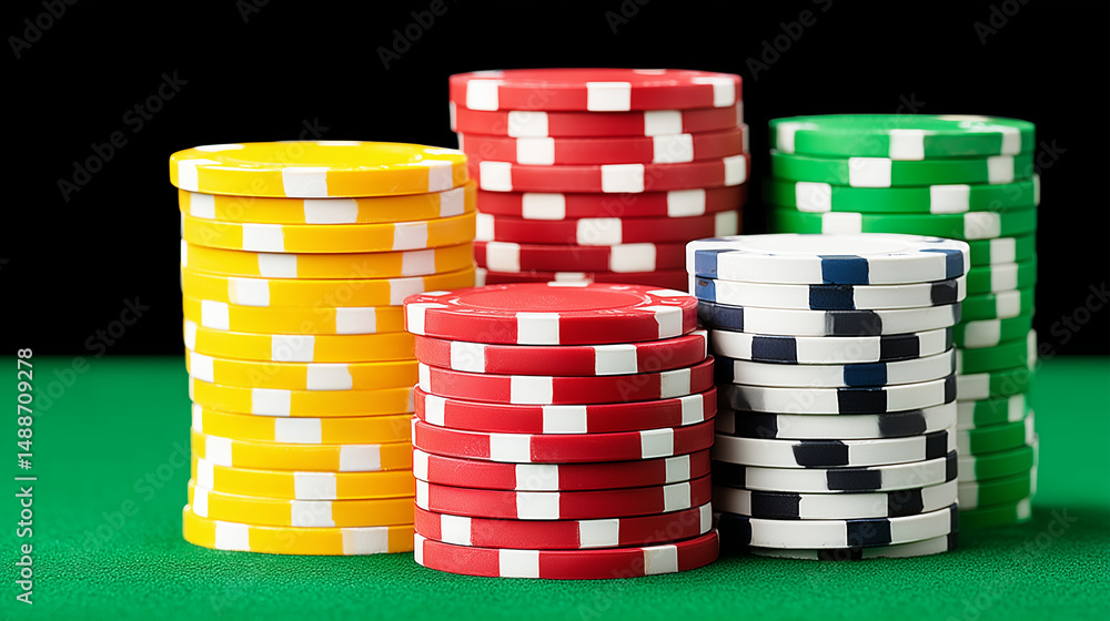 Stacks of colorful poker chips on green table with black background