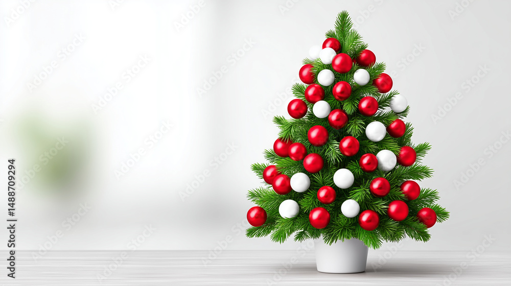 Miniature Christmas tree with red and white ornaments on white background