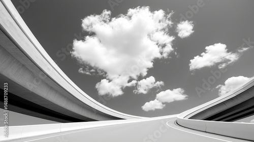 Obraz na płótnie Black and white perspective of curved highway overpasses against cloudy sky w salonie