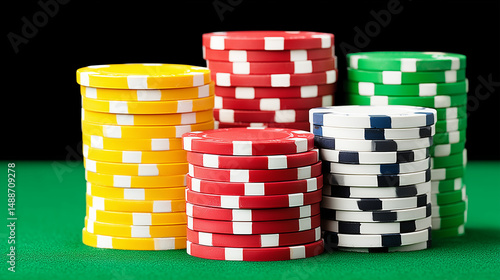 Obraz na płótnie Stacks of colorful poker chips on green table with black background w salonie