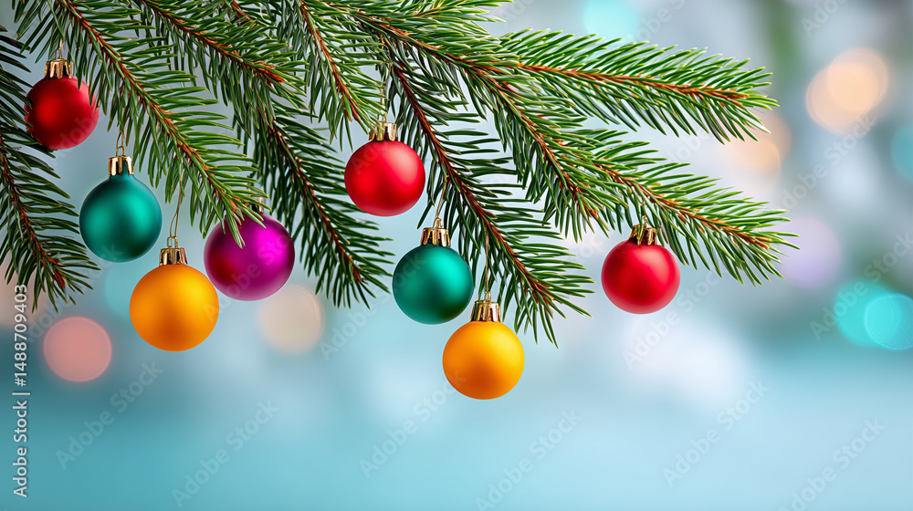 Christmas tree branch with colorful ornaments and blurred lights