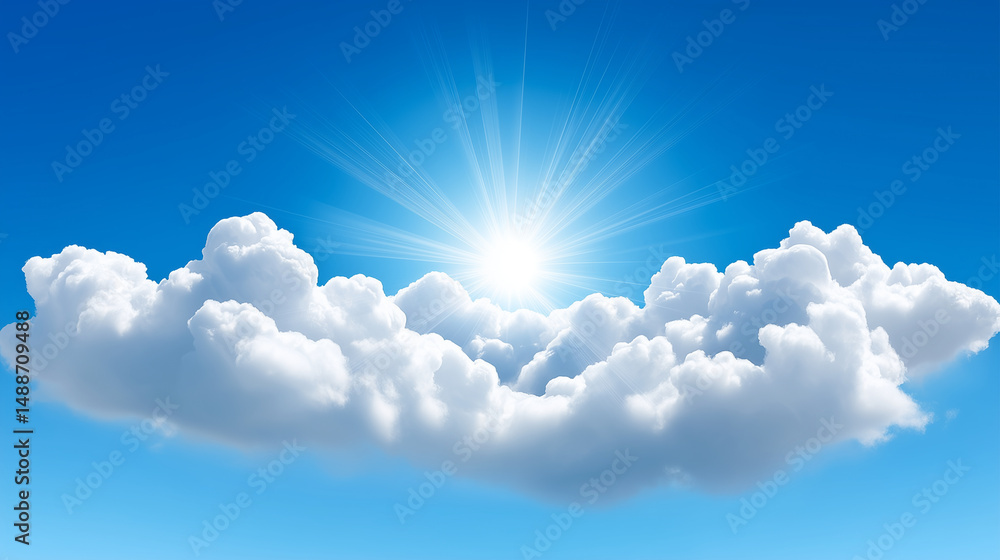 Bright sun shining above fluffy clouds in a clear blue sky
