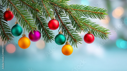 Obraz na płótnie Christmas tree branch with colorful ornaments and blurred lights w salonie
