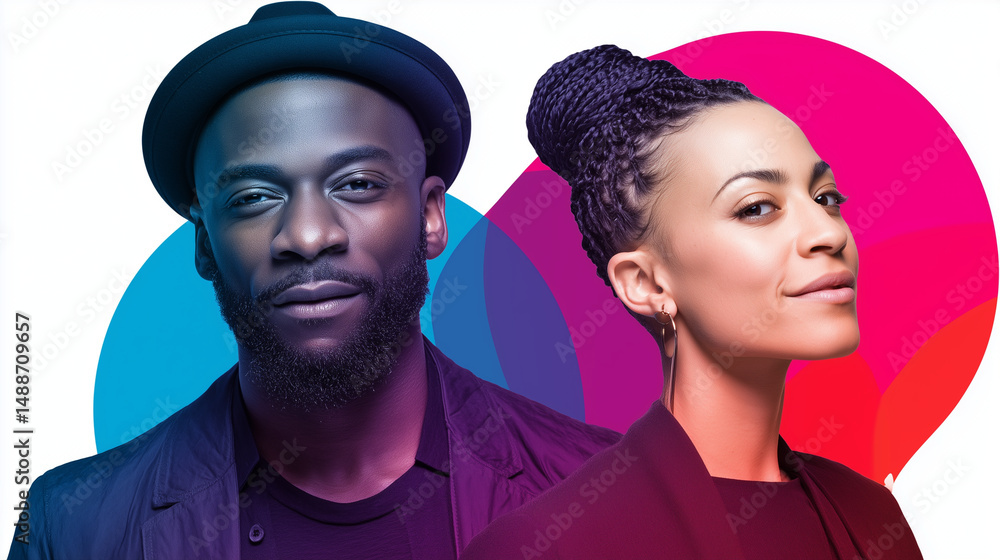 Portrait of confident man and woman with vibrant abstract background
