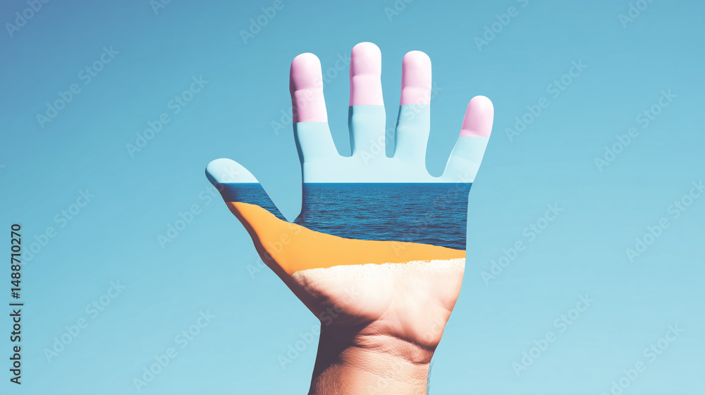 Surreal collage of a hand with beach landscape overlay