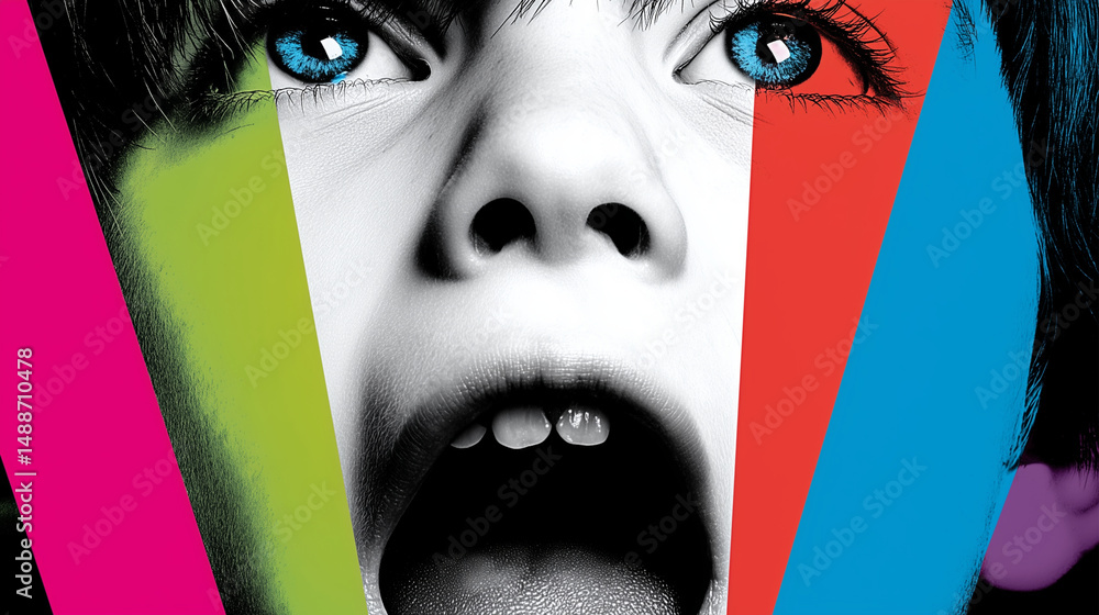 Pop art collage of a screaming child with vibrant geometric shapes