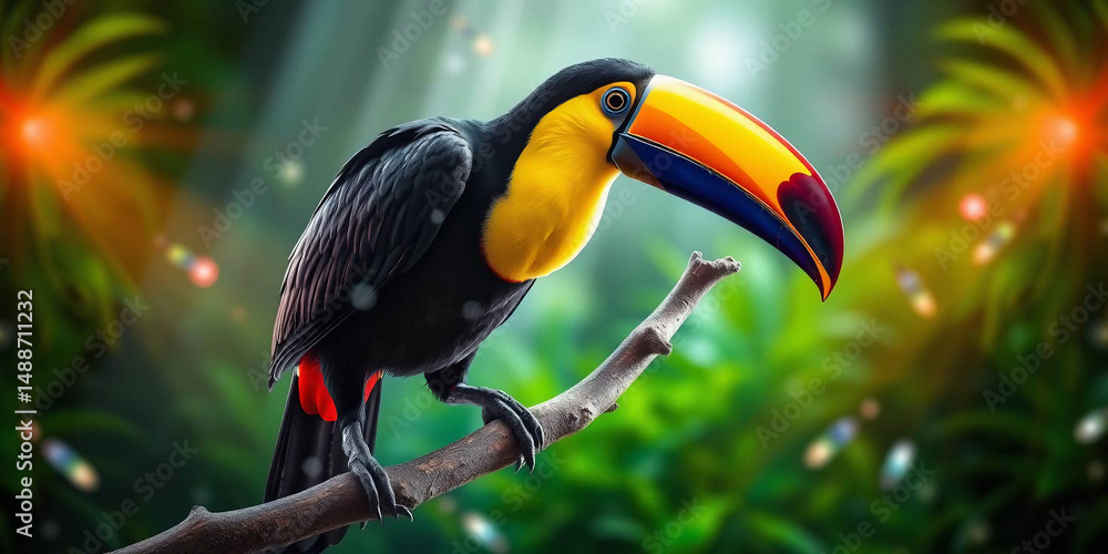 Obraz premium a colourful toucan perched on a tree branch. The toucan is the central subject, displaying a strikingly large, multicoloured beak with shades of green, orange, and blue 