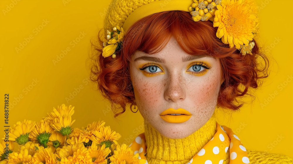 Fashion portrait of a red-haired woman in yellow with floral accessories