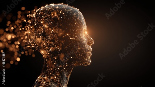 Human silhouette made of glowing particles and digital connections