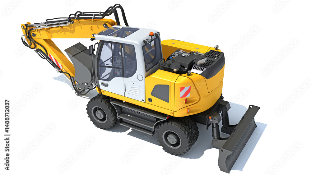 Fototapeta premium Excavator heavy construction machinery 3D rendering on white background