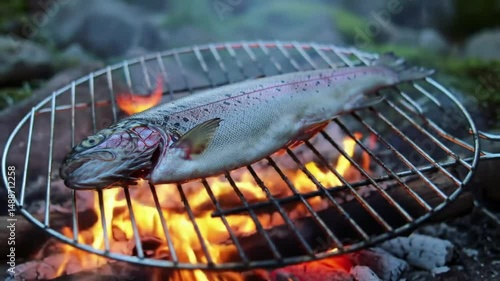 Freshly Caught Trout Grilling on Campfire by River Macro
