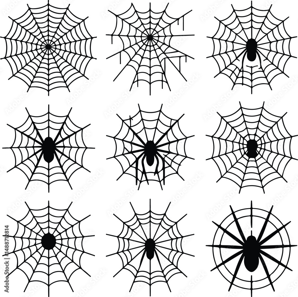 Obraz premium Spider Web Silhouette Set – Halloween Spider Net Vector Collection Creepy Spider Net Icons in Black Silhouette | Happy Halloween Design 