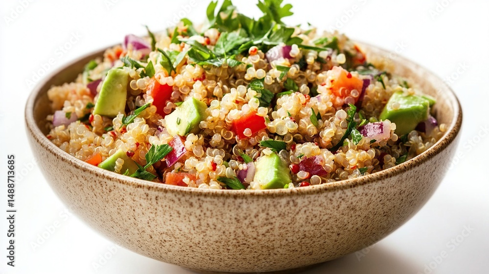 A bowl of quinoa salad with diced avocado, red bell pepper, red onion, and parsley on a white background A bowl of quinoa salad with diced avocado, red bell pepper, red onion, and parsley on a white background