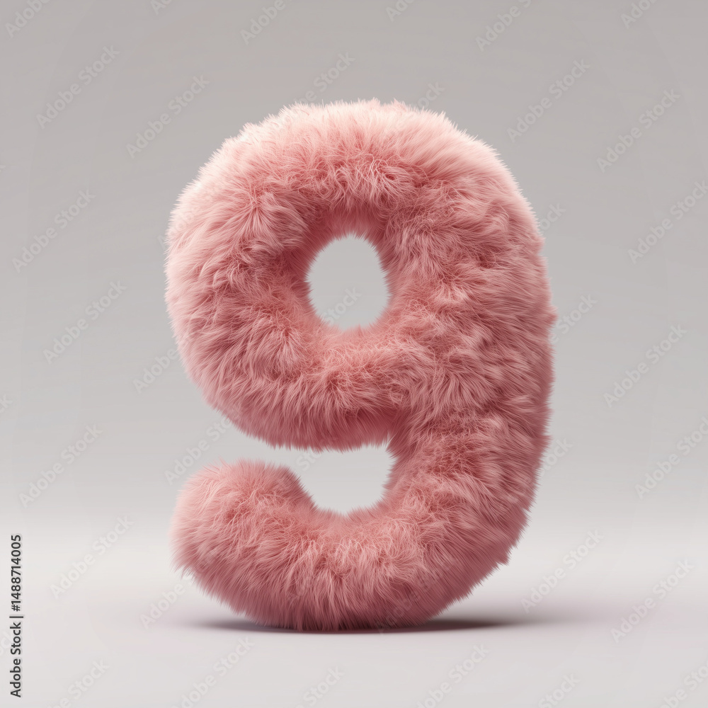 Pink fluffy fur textured number 9 on gray background
Pink fluffy fur textured number 9 on gray background