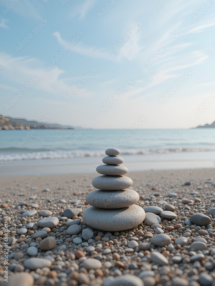 Fototapeta premium Zen inspired arrangement of stacked stones on a tranquil beach creating a serene and calming display that evokes a sense of balance harmony and meditation The image suggests a minimalist natural