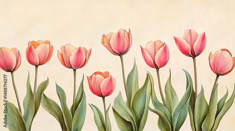 Beautiful pink tulips floral spring blossom flowers botanical illustration art soft plant bloom fresh Beautiful pink tulips floral spring blossom flowers botanical illustration art soft plant bloom fresh