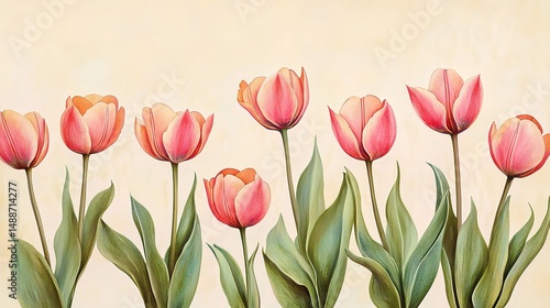 Beautiful pink tulips floral spring blossom flowers botanical illustration art soft plant bloom fresh
