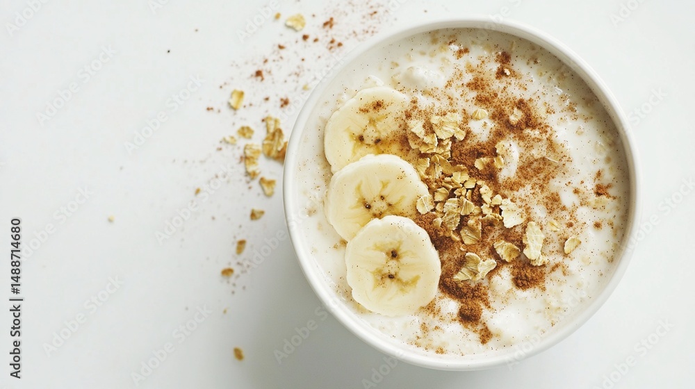 A white bowl filled with creamy oatmeal topped with banana slices, granola, and cinnamon. The bowl sits on a white surface with scattered oats and cinnamon A white bowl filled with creamy oatmeal topped with banana slices, granola, and cinnamon. The bowl sits on a white surface with scattered oats and cinnamon