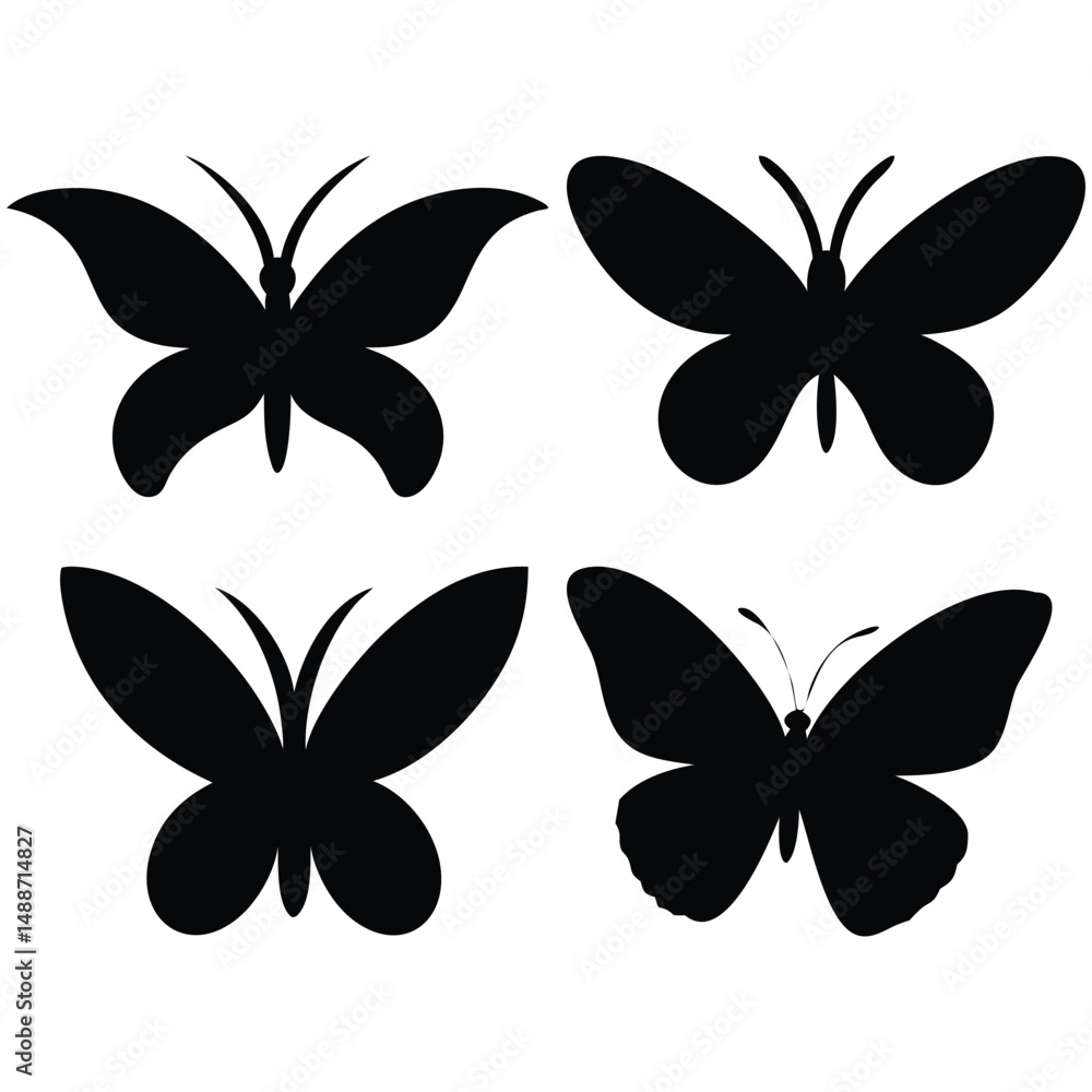 Fototapeta premium A black vector set of butterfly silhouettes offers a beautiful insect illustration for nature-inspired design and decoration