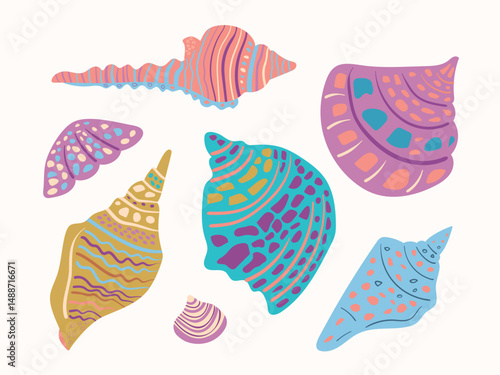 This image depicts a collection of hand-drawn seashells, each with intricate details and vibrant colors.  It is suitable for creating patterns, postcards, and invitations.