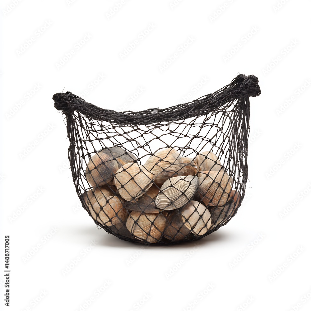 Obraz premium fishing net with shells caught inside on white background