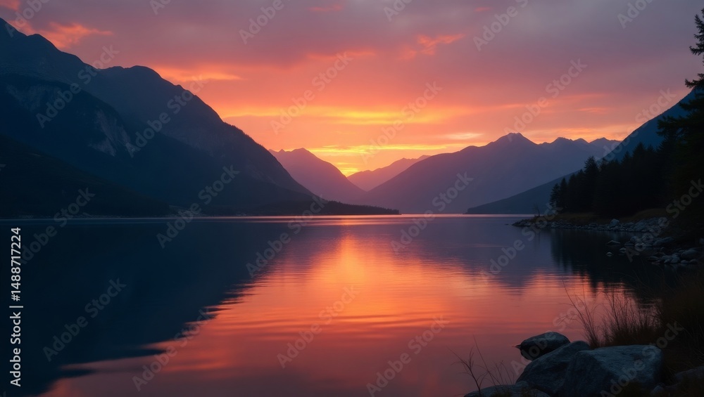 Fototapeta premium Vibrant Sunset Over a Serene Lake Surrounded by Mountains in the Early Evening Hours Reflecting on Calm Waters
