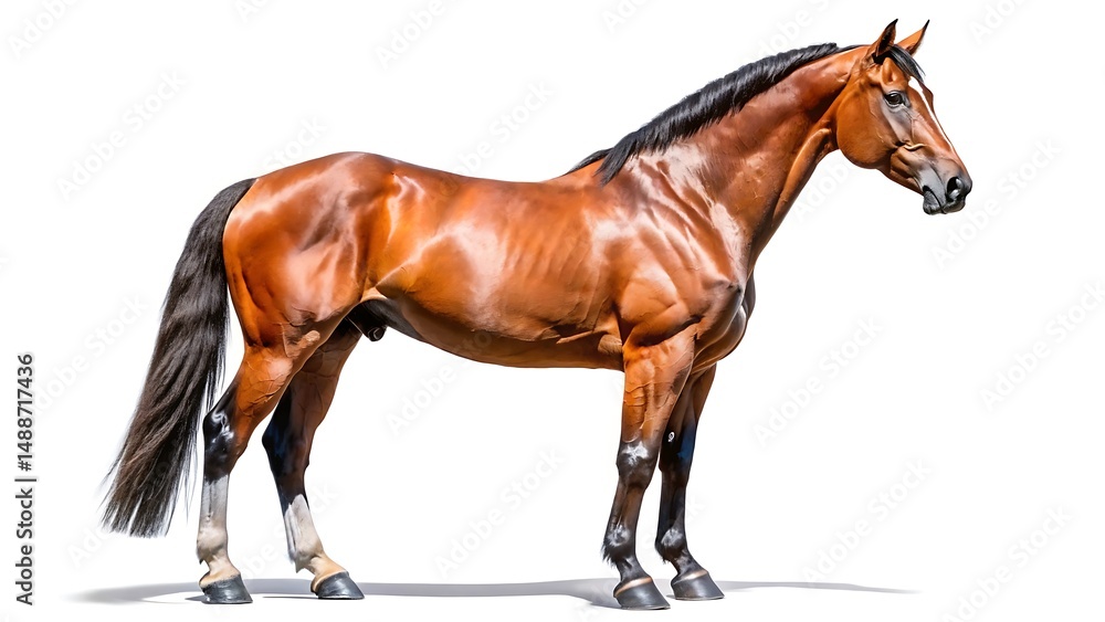 Fototapeta premium A strong brown horse stands confidently, showing its full body and muscular build isolated on white background