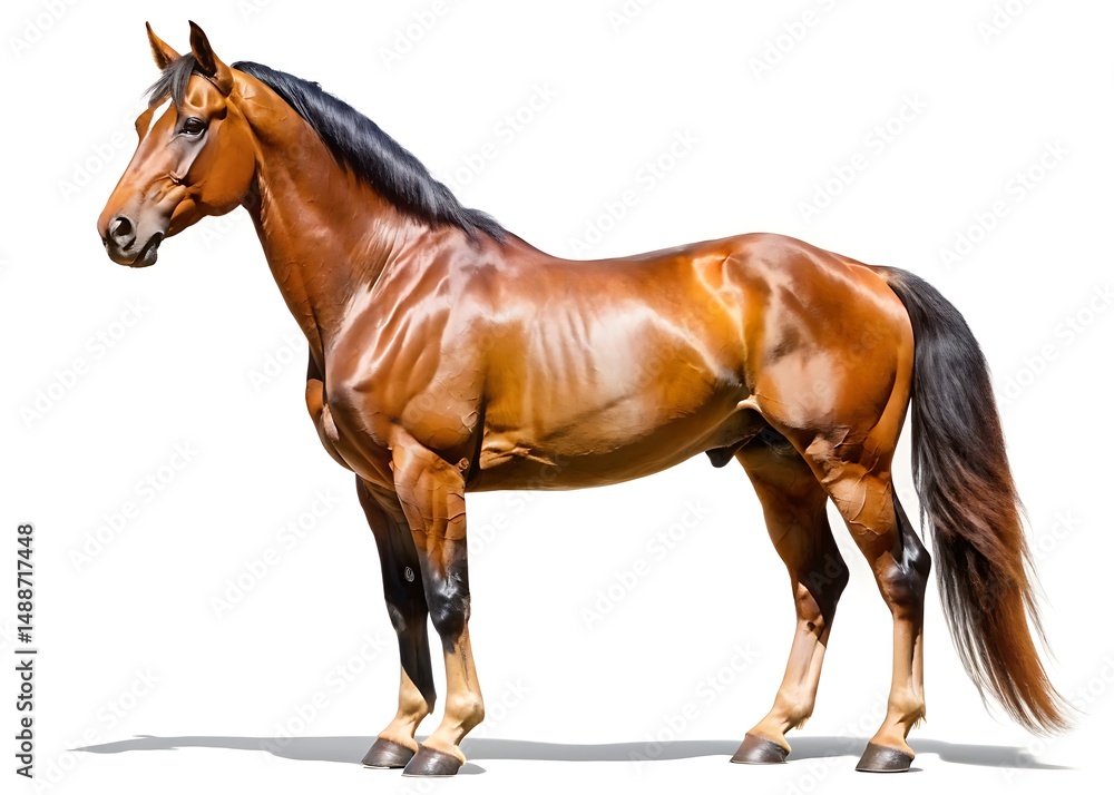 Obraz premium A strong brown horse stands confidently, showing its full body and muscular build isolated on white background