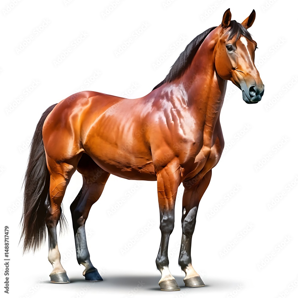 Obraz premium A strong brown horse stands confidently, showing its full body and muscular build isolated on white background