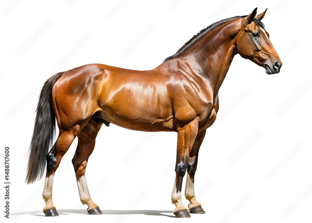 Obraz premium A strong brown horse stands confidently, showing its full body and muscular build isolated on white background