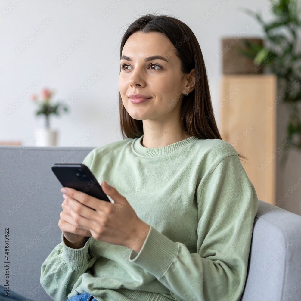 young woman holding smartphone at home young woman holding smartphone at home